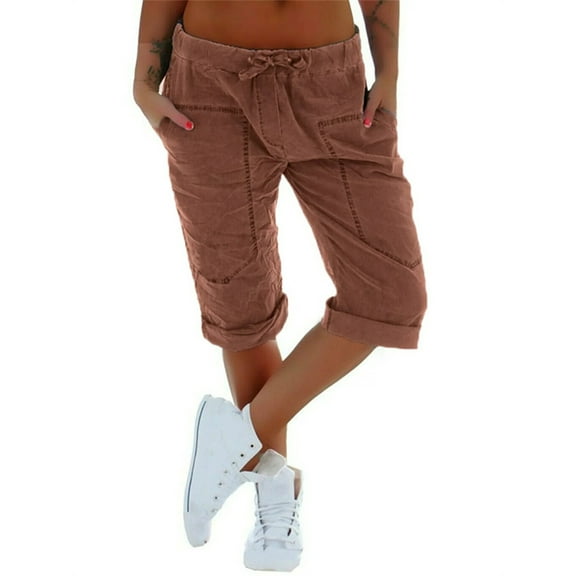 Casual Women Low Waist Solid Color Jogger Capri Pants with Pocket
