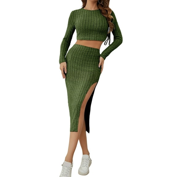 Casual Women'S Maxi Dress Long Sleeves Women'S Skirt Set Women'S Solid Color Casual Slim Fit Small Round Green S