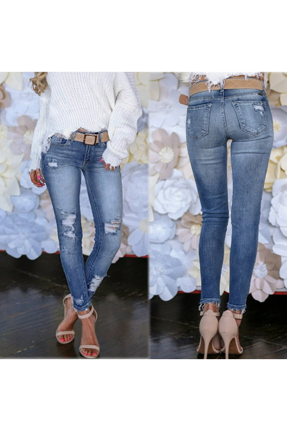 Casual Women Skinny Ripped Jeans Distressed Denim Pants Hole Bottoms Denim Knit Leggings on Pants Jean Women plus Jag Cords High Waist Mod Mom plus Size Women Jean Pants for Women plus Size Denim