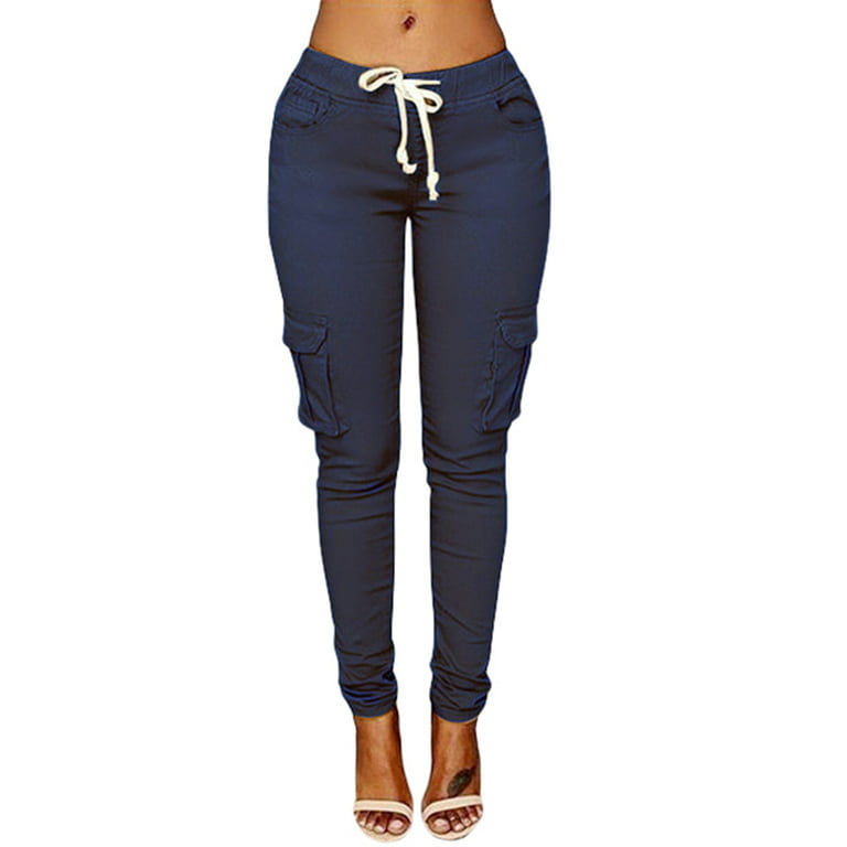 Flmtop Casual Women Solid Color Skinny Cargo Pants Pockets Drawstring Joggers  Trousers 