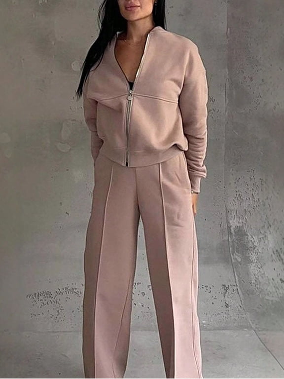 Casual Women Tracksuit Set Jogger Pants Sweatshirt Women 2 Piece Outfits Set Oversized Zip Up Sweatshirt Jacket Sweatpant Matching Sweat Sets Winter Sweatsuits Women's Wide-Leg Casual Suit Pants