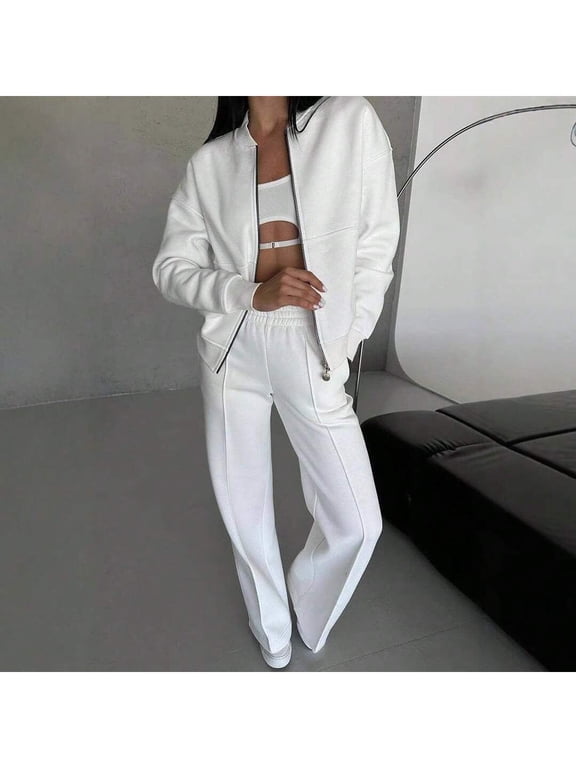 Casual Women Tracksuit Set Jogger Pants Sweatshirt Women 2 Piece Outfits Set Oversized Zip Up Sweatshirt Jacket Sweatpant Matching Sweat Sets Winter Sweatsuits Women's Wide-Leg Casual Suit Pants