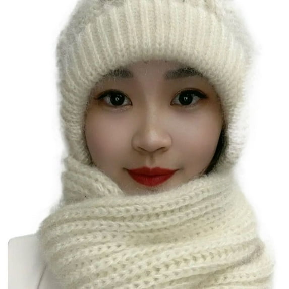 Casual Women Warm Windproof Knitted Ear Protection Cap Neck Warmer Integrated Cap Scarf Beanie Hat Scarf BEIGE