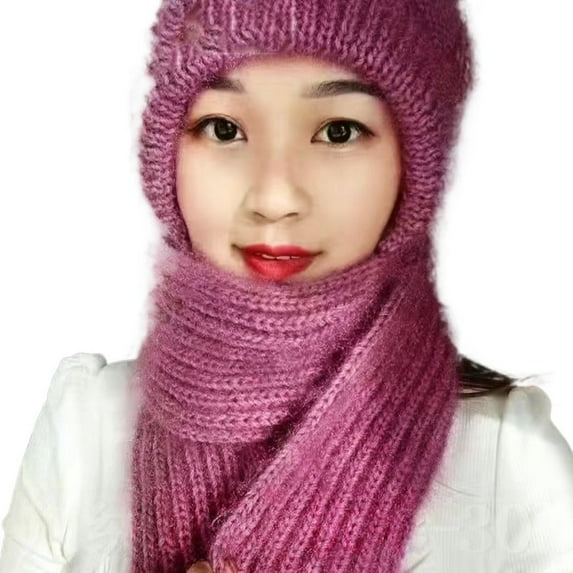 Casual Women Warm Windproof Knitted Ear Protection Cap Neck Warmer Integrated Cap Scarf Beanie Hat Scarf PINK