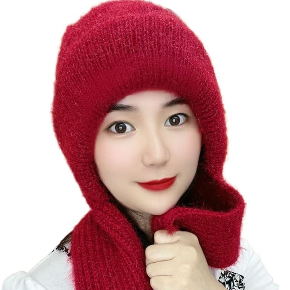 Casual Women Warm Windproof Knitted Ear Protection Cap Neck Warmer Integrated Cap Scarf Beanie Hat Scarf WINE RED