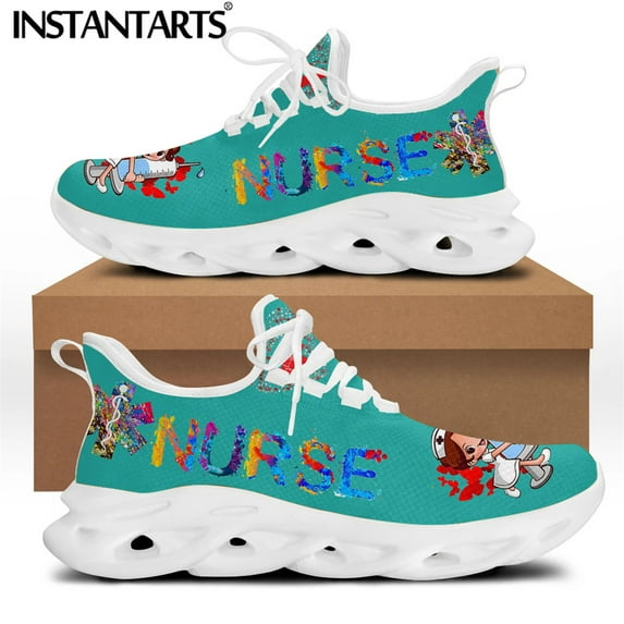 Casual Women White Nurse Shoes Brand Design Cartoon Heartbeat Art Medical Flat Sneakers for Ladies Lace Up Footwear