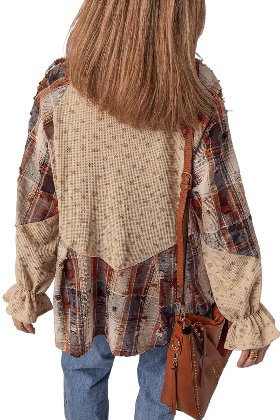 Casual Women's Ashleigh Blue Floral Plaid Shacket – Button-Front Waffle Knit Jacket Ideal for Autumn Southern Belle Style | S