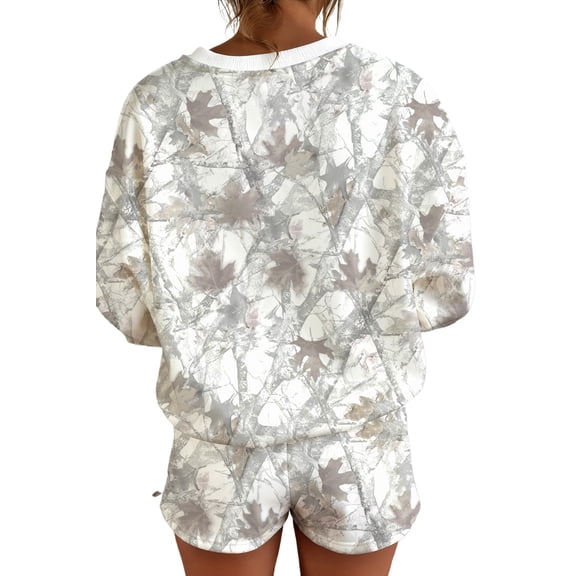 Casual Women's Baggy Drawstring Shorts Set in Light Grey Abstract Print for Fall | L