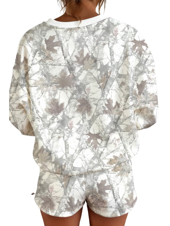 Casual Women's Baggy Drawstring Shorts Set in Light Grey Abstract Print for Fall | L