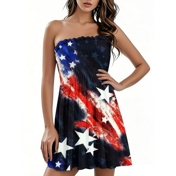 Casual Women's Bandeau Dress with Star-Spangled Print, Sleeveless Summer Tank Dress for Independence Day Parades, Comfortable Outdoor Event Apparel,Black L