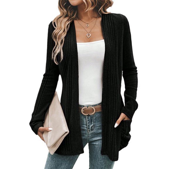 Casual Women's Black Ribbed Open Front Knitted Top with Pockets for Everyday Style | L