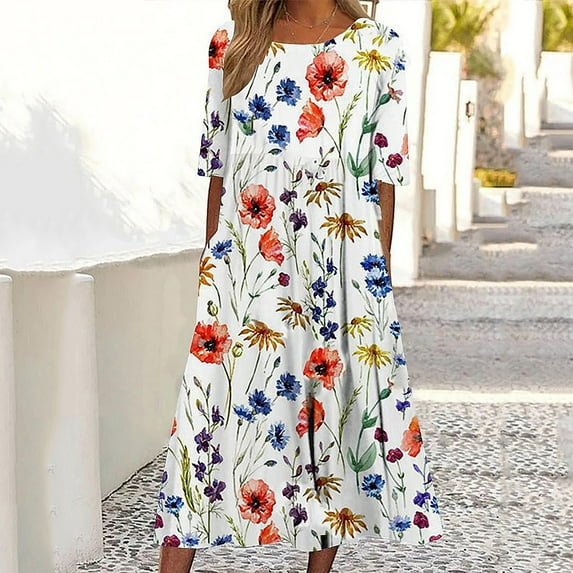 Casual Women's Clothing Dresses Short Sleeves Round Neck Prints Elegant Temperament Fashionable Pockets Casual Daily Wear