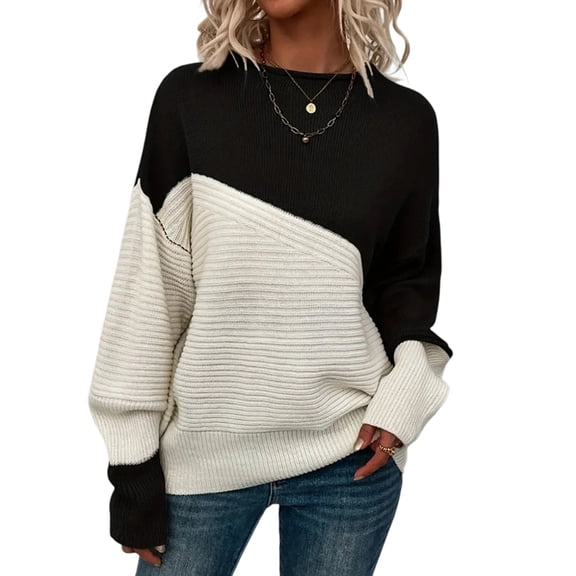 Casual Women’s Colorblock Pullover Sweater | Soft Round Neck Long Sleeve Top for Relaxed Days and Comfortable Wear. Black