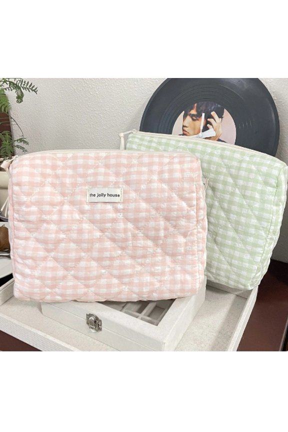Casual Women's Cosmetic Pouch Large Capacity Travel Storage Bags Simple Plaid Ladies Clutch Handbags Pink Canvas Female Bag