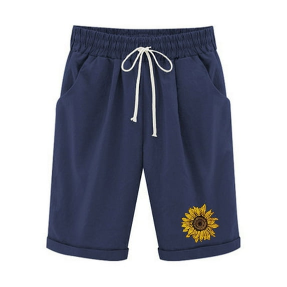 Casual Women's Cotton Elastic Waist Knee Length Curling Bermuda Shorts with Drawstring