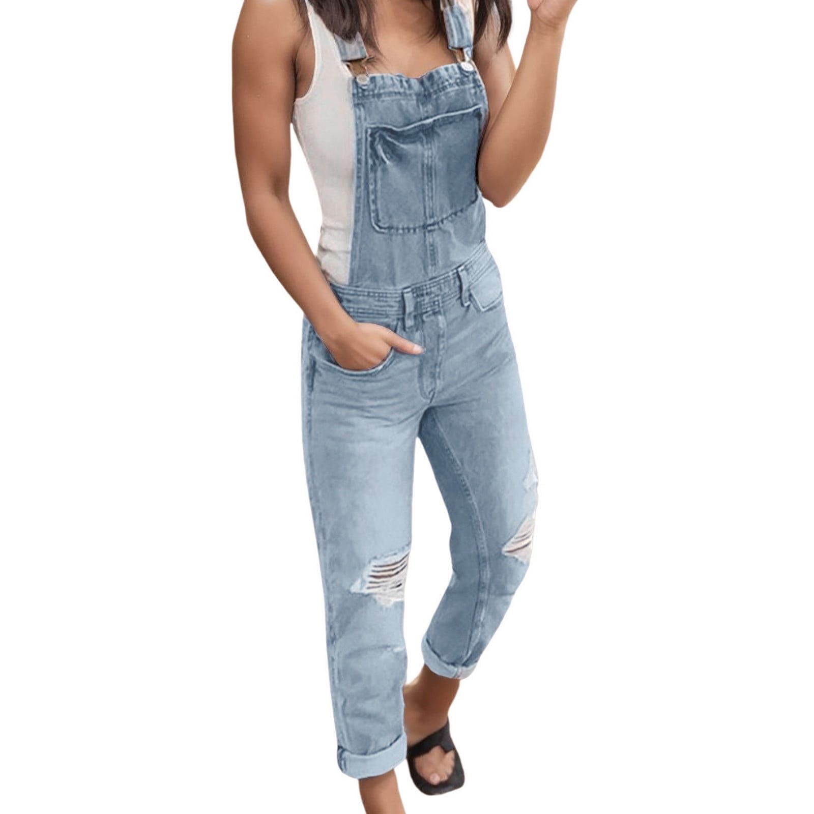 Casual Women's Denim Rompers Denim Overalls Ripped Washed Bib Jumpsuits