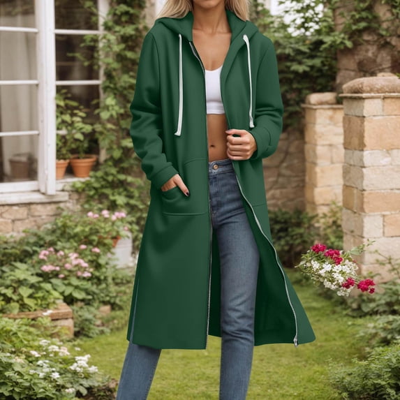 Casual Women's Fashion Solid Long Sleeve Hooded Pocket Zipper Drawstring Sweatshirt