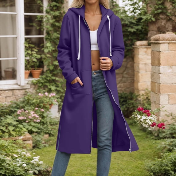 Casual Women's Fashion Solid Long Sleeve Hooded Pocket Zipper Drawstring Sweatshirt