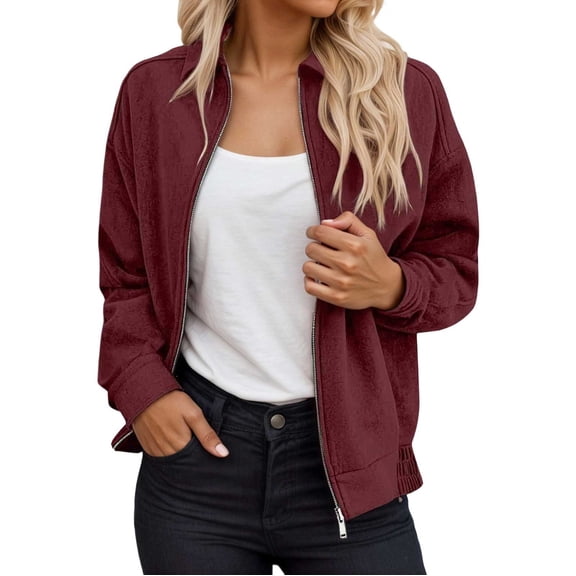 Casual Women’s Jacket for Everyday Everyday Wear Long Sleeve Zip Up Outerwear with Large Lapel Collar Spring Fall Fashion Modern Moto- Coat Women's Bomber Jacket Casual Coat
