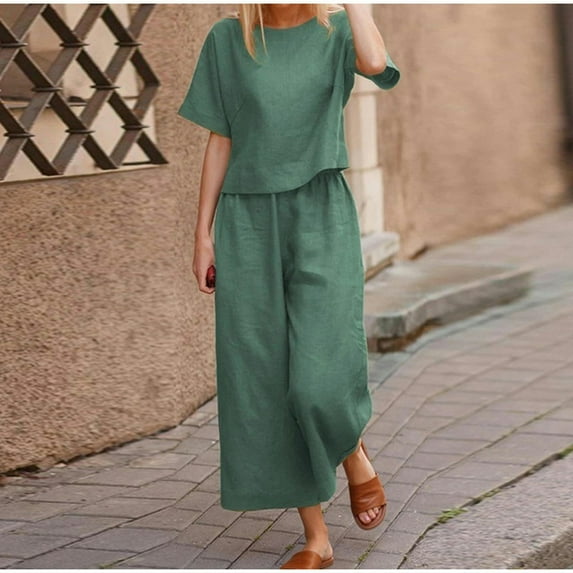 Casual Women's Linen 2-Piece Set Solid Color Loose Comfortable T-Shirt + Wide Leg Pants Homewear Casual Sportswear-Turquoise-XXXL