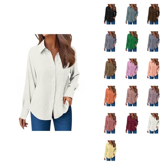 Casual Women's Long Sleeve Gauze Shirts, Relaxed Fit Round Neck Button Down Blouses for Spring Summer, Crinkle Collared Work Dress Tops, Easy Care Solid Color Everyday Wear