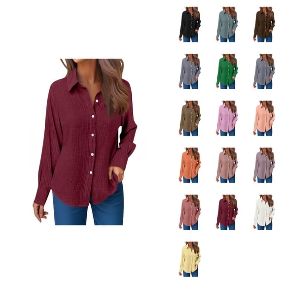 Casual Women's Long Sleeve Gauze Shirts, Relaxed Fit Round Neck Button Down Blouses for Spring Summer, Crinkle Collared Work Dress Tops, Easy Care Solid Color Everyday Wear