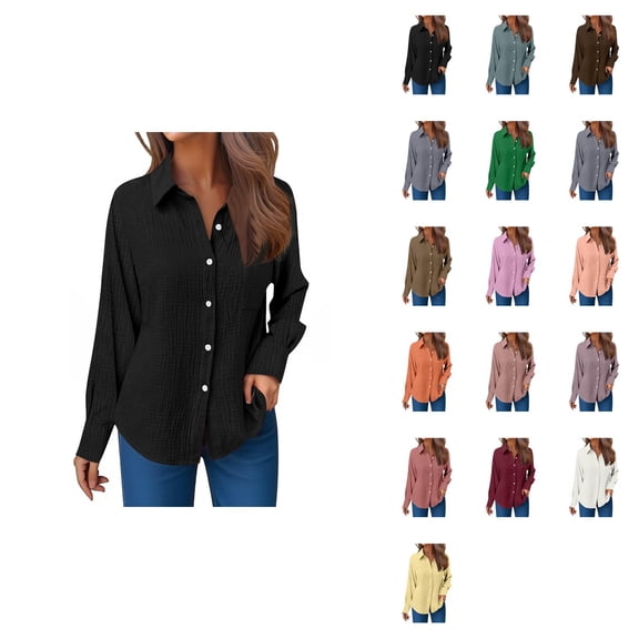 Casual Women's Long Sleeve Gauze Shirts, Relaxed Fit Round Neck Button Down Blouses for Spring Summer, Crinkle Collared Work Dress Tops, Easy Care Solid Color Everyday Wear