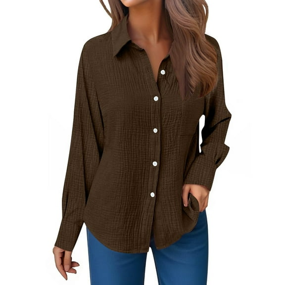 Casual Women's Long Sleeve Gauze Shirts, Relaxed Fit Round Neck Button Down Blouses for Spring Summer, Crinkle Collared Work Dress Tops, Easy Care Solid Color Everyday Wear