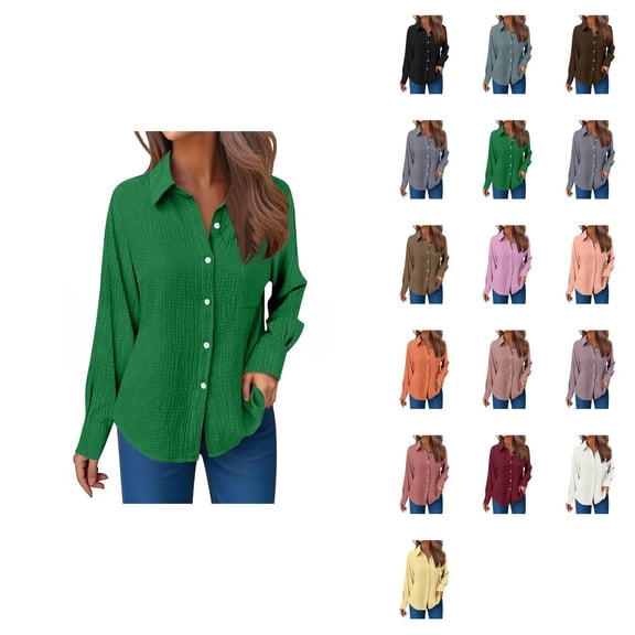 Casual Women's Long Sleeve Gauze Shirts, Relaxed Fit Round Neck Button Down Blouses for Spring Summer, Crinkle Collared Work Dress Tops, Easy Care Solid Color Everyday Wear