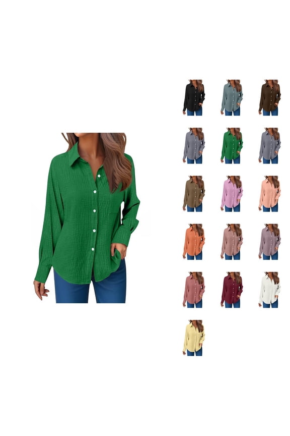 Casual Women's Long Sleeve Gauze Shirts, Relaxed Fit Round Neck Button Down Blouses for Spring Summer, Crinkle Collared Work Dress Tops, Easy Care Solid Color Everyday Wear