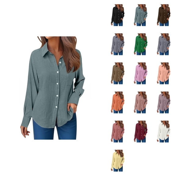 Casual Women's Long Sleeve Gauze Shirts, Relaxed Fit Round Neck Button Down Blouses for Spring Summer, Crinkle Collared Work Dress Tops, Easy Care Solid Color Everyday Wear