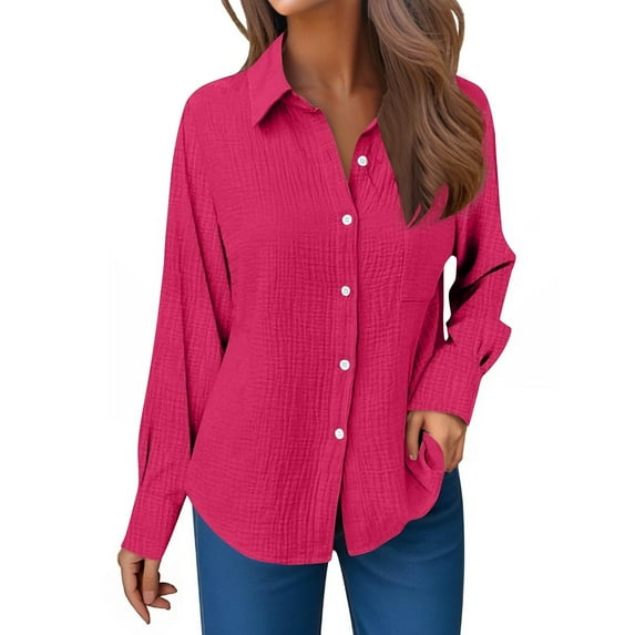 Casual Women's Long Sleeve Gauze Shirts, Relaxed Fit Round Neck Button Down Blouses for Spring Summer, Crinkle Collared Work Dress Tops, Easy Care Solid Color Everyday Wear