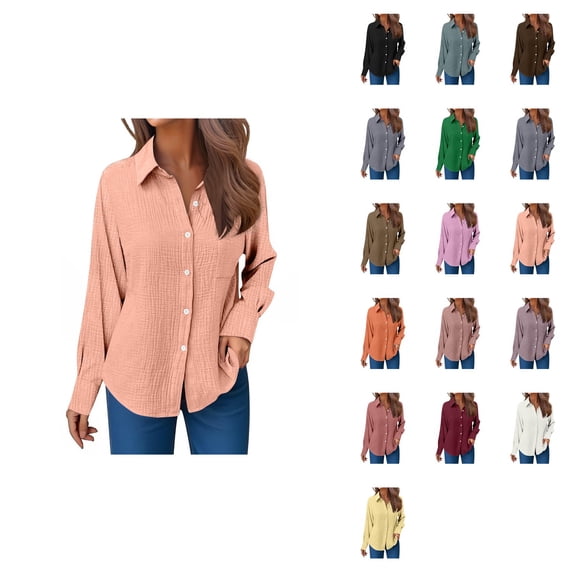 Casual Women's Long Sleeve Gauze Shirts, Relaxed Fit Round Neck Button Down Blouses for Spring Summer, Crinkle Collared Work Dress Tops, Easy Care Solid Color Everyday Wear