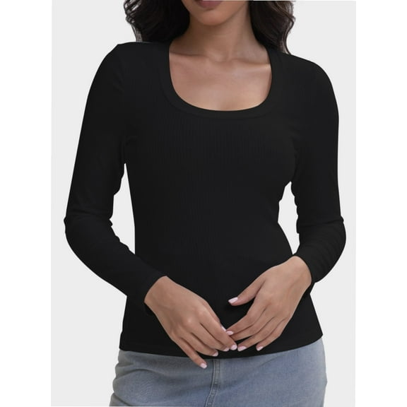 Casual Women's Long Sleeve Shirts Knit Fitted Stretch Scoopneck Basic Solid Tunic Tops