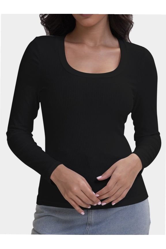 Casual Women's Long Sleeve Shirts Knit Fitted Stretch Scoopneck Basic Solid Tunic Tops