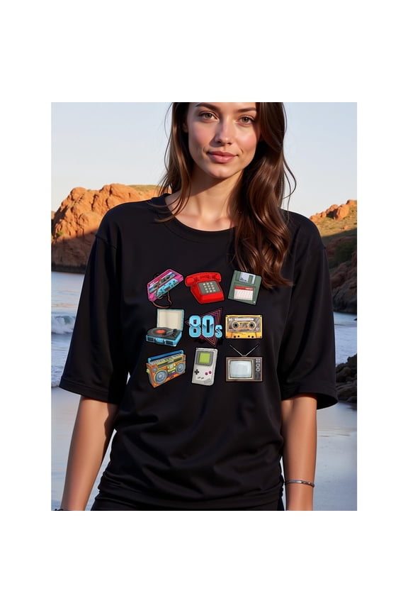 Women's Black 80s Retro Graphic Tee Plus Size S-5XL, Vintage Tech Printed T-Shirt, Casual Oversized Top for Nostalgia Lovers