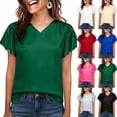 thumbnail image 1 of Casual Women's Pleated Short Sleeve V-Neck Blouse Shirt Top Solid Color Loose Fit Breathable Summer Fashion | CSEONE,Pink L, 1 of 8