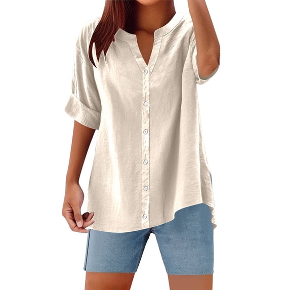 Summer Tops for Women, Shirts for Women, Stylish Women Shirts Elegant V Neck Tops Button Down Fashionable Blouses Casual Wear Summer Lightweight Long Sleeve