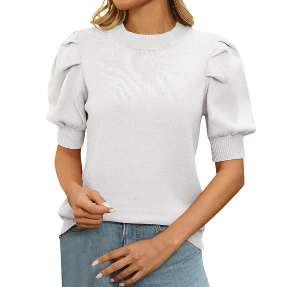 Casual Women's Short Sleeve Sweater With Round Neck And Puff Sleeves Solid Color Knit Top