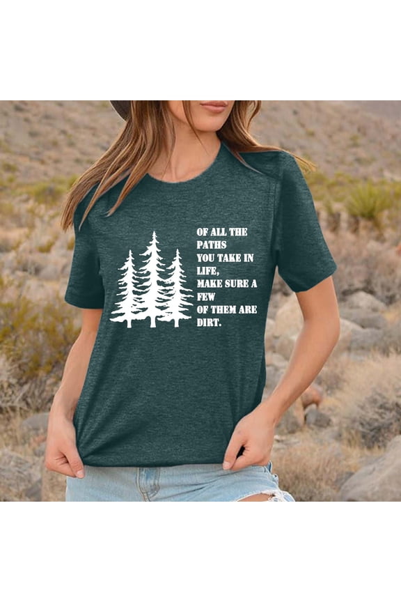 Casual Women's Solid Color Round Neck Short Sleeve T Shirt With Outdoor Letter Print Pattern Shirts for Women Trendy Tee Shirt Women Long Sleeve Polyester T Shirt Women Womens Shirts Short Sleeve Long