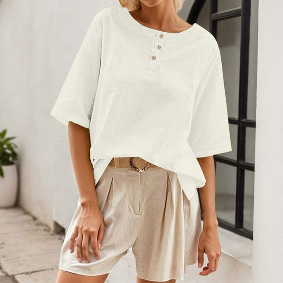 Casual Women's T Shirts Classic Round Neck With Button Detail Short Sleeve Comfortable Everyday Wear For Spring And Summer Compression Long Sleeve Women Loose Casual T Shirt Ladies Long Sleeve T Shirt