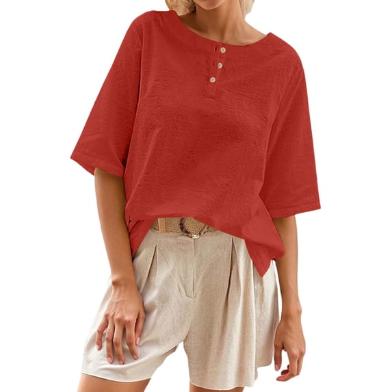 Casual Women's T Shirts Classic Round Neck With Button Detail Short Sleeve Comfortable Everyday Wear For Spring And Summer for Women Shirt Light Women Compression Shirts Long Sleeve Shirt for Women