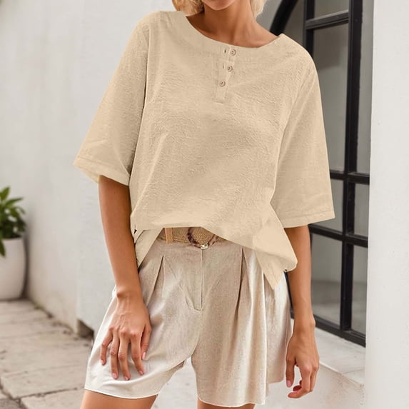Casual Women's T Shirts Classic Round Neck With Button Detail Short Sleeve Comfortable Everyday Wear For Spring And Summer Women Tops Spandex Womens Solid Color Top Women Swim Tee 100 Polyester Shirts
