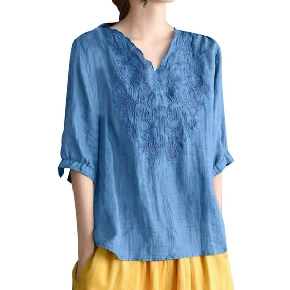 Casual Women's T-Shirts Embroidered Loose Fit V Neck 3/4 Sleeve Shirt Pullover Blouse for Everyday Wear