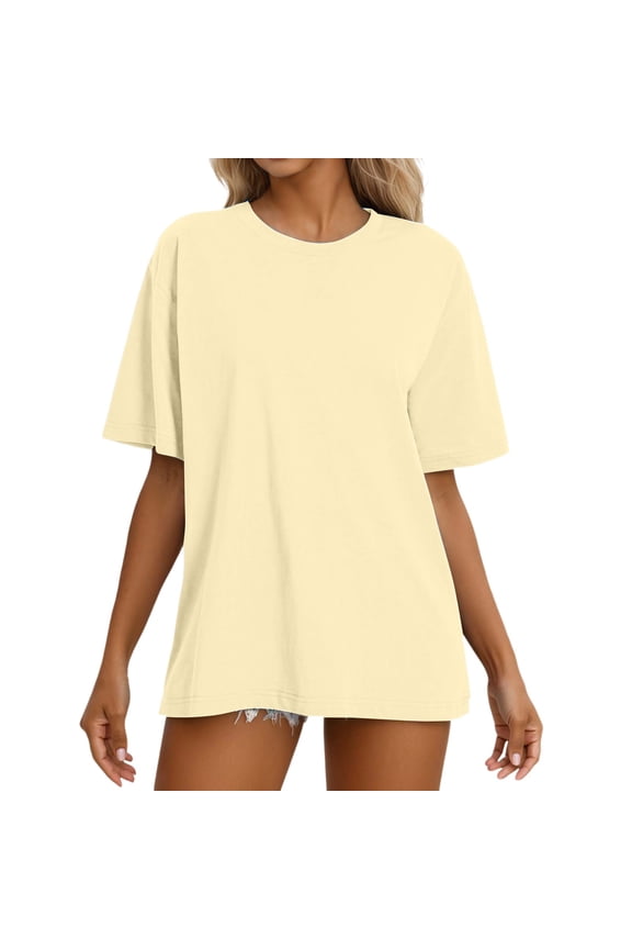 Casual Women's T Shirts Short Sleeve Round Neck Basic Top for Everyday Wear for Spring and Summer Fall Fashion,Color:Light Yellow,Size:XXL