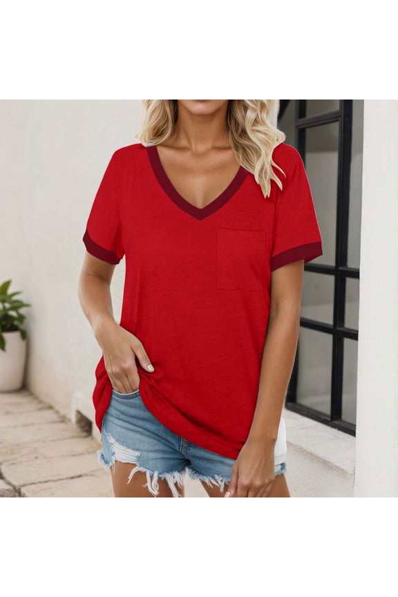 Casual Women's T Shirts V Neck Pocket Short Sleeve Top For Everyday Wear With Stylish Contrast Trim Cheer Long Sleeve Shirt Long Sleeve Tee Shirts for Women Tech T Shirt Long Sleeve T Shirts for Woman