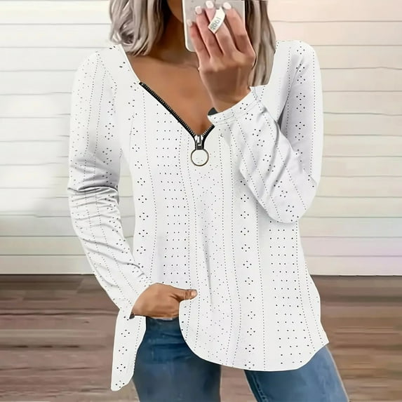 Casual Women's Tops Fashion Plus Size Fashion Women's Solid Zipper V-Neck Long Sleeve Casual T-shirt Blouse