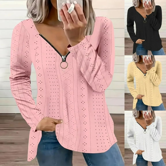 Casual Women's Tops Fashion Plus Size Fashion Women's Solid Zipper V-Neck Long Sleeve Casual T-shirt Blouse
