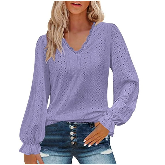 Casual Women's Tops Fashion Plus Size Fashionable Women's Solid Color Hollow V-neck Pullover Long Sleeved Casual Top