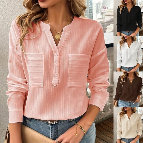 Casual Women's Tops Fashion Plus Size Women's Casual Fashion Loose Solid Color Button Pocket Long Sleeved V-neck Top/shirt